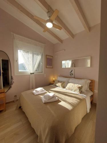 a bedroom with two beds and a ceiling fan at Amanda's House in Poros