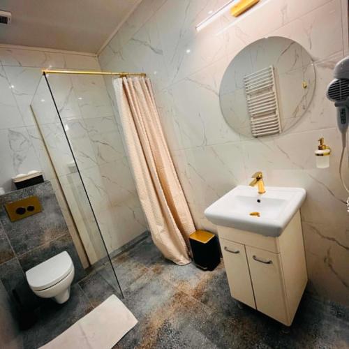 a bathroom with a toilet and a sink and a shower at Pokoje Bakos Radocza in Radocza