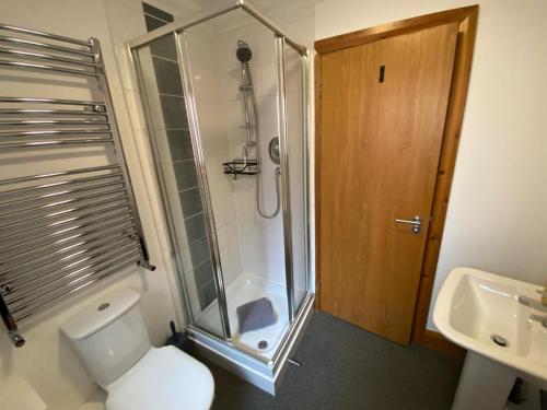 a bathroom with a shower and a toilet and a sink at Apt 2 Cathedral & River view in Norwich