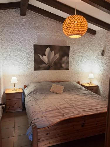 a bedroom with a large bed with two night stands at Panoramic lake view in Esparron-de-Verdon