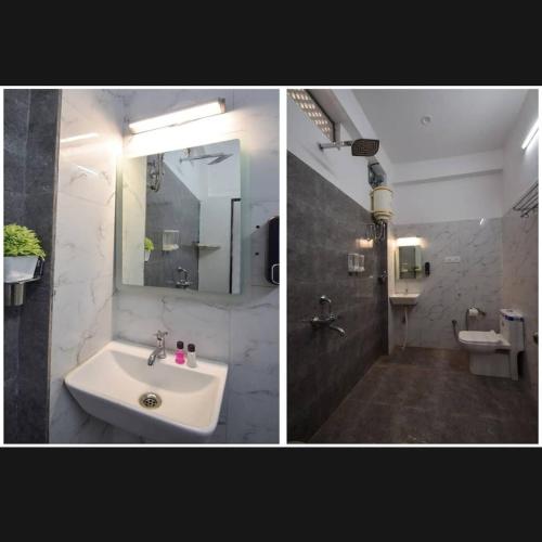 two pictures of a bathroom with a sink and a mirror at The Udaikot farm in Rāma