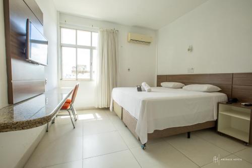 a bedroom with a bed and a desk and a television at Rede Andrade Itabuna in Itabuna