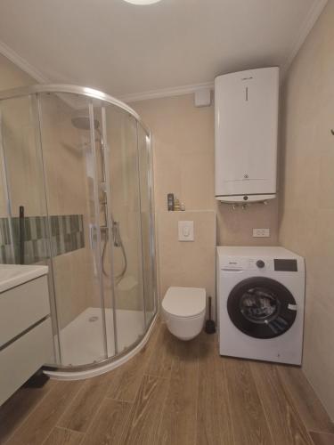 a bathroom with a shower and a toilet and a washing machine at Apartmani Tribunj Cvitan in Tribunj
