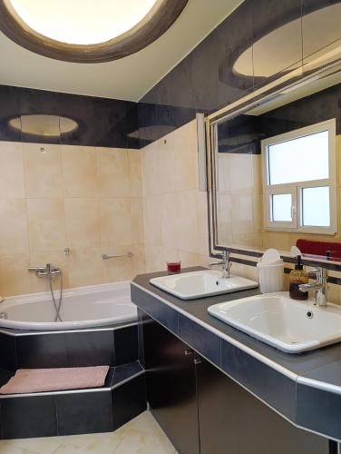a bathroom with two sinks and a tub and a mirror at Raphael Guesthouse in Tríkala
