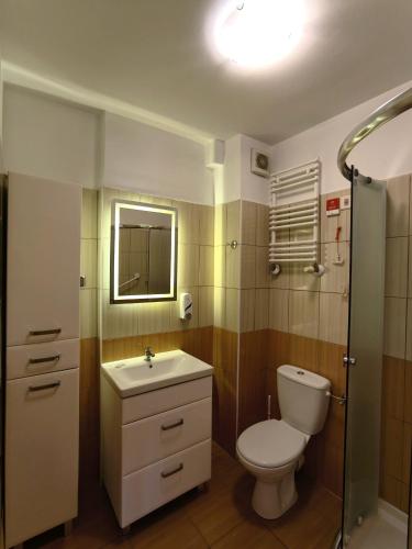 a bathroom with a toilet and a sink and a mirror at Łazienki Uzdrowiskowe Nr 1 in Ciechocinek
