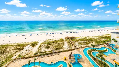 an aerial view of a water park at the beach at Phoenix Gulf Towers 706 condo in Gulf Shores