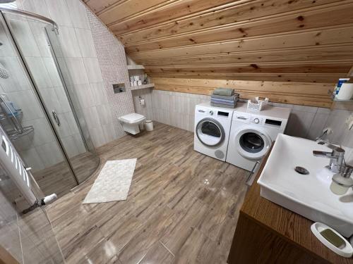 a bathroom with a washing machine and a sink at Apartament Łostówka in Łostówka
