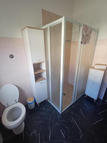 a small bathroom with a toilet and a shower at A casa di Nonna in Gambassi Terme