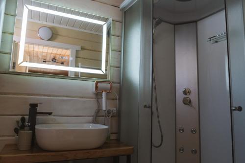 a bathroom with a sink and a mirror at Tri houses in Podobovets