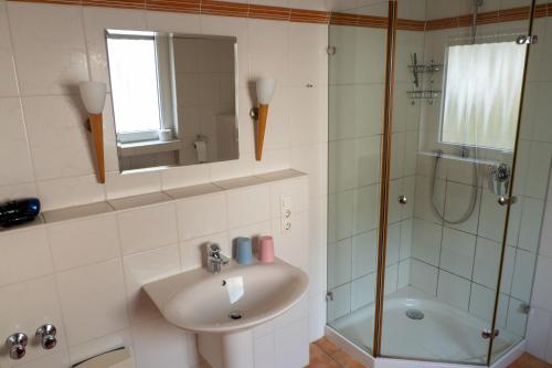 a bathroom with a sink and a shower at Ferienwohnung Riesling in Klüsserath