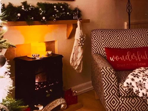 a living room with a christmas tree and a fireplace at Quill Corner in Alnwick