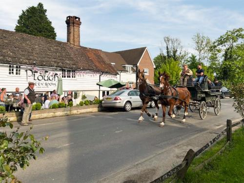 a couple of horses pulling a carriage down a street at Wysteria, North Lodge in Rusper
