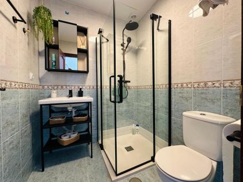 a bathroom with a shower and a toilet and a sink at Villa El Dorado in Estepona
