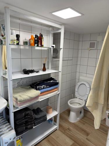 a bathroom with a toilet and a shelf with towels at Duna Liget in Dunaföldvár