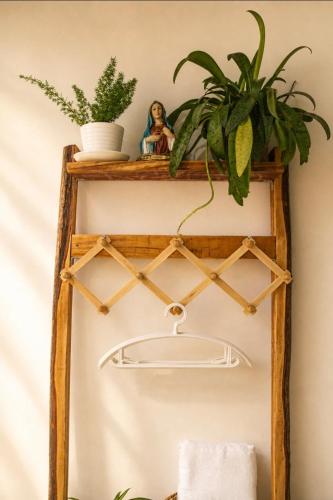 a wooden shelf with plants and a towel at Pahuway - Comfort and style in Moalboal