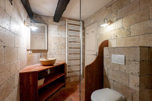 a bathroom with a sink and a toilet in a room at Bastide de Marius in Redortiers