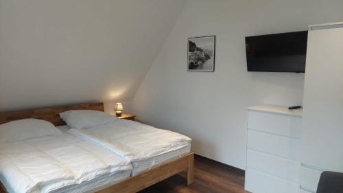 a bedroom with a bed and a flat screen tv at Ferienwohnung an der Holtemme in Derenburg