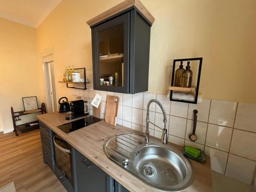 a kitchen with a sink and a counter top at Hochwertige Wohnung im EG- Meißen zum Genießen in Meißen
