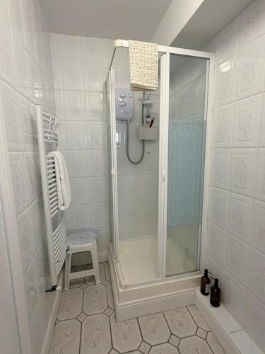 a bathroom with a shower with a stool in it at The Rock House in Cobh
