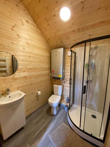 a wooden bathroom with a toilet and a sink at Trijų namelių uostas in Dreverna