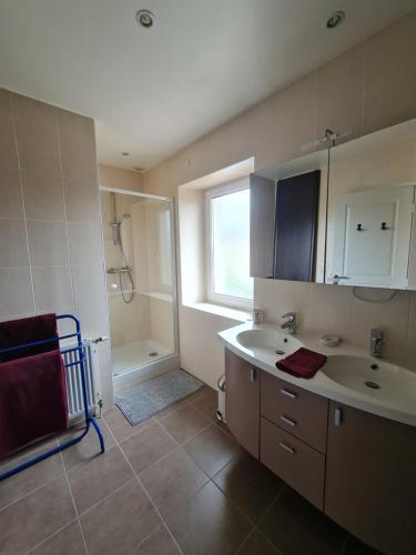 a bathroom with a sink and a toilet and a window at Chambre des baumes in Chablis