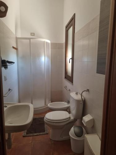 a bathroom with a white toilet and a sink at Agriturismo Punta Su Cunventu in Narcao