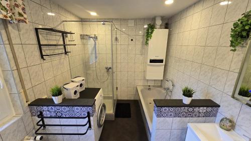 a bathroom with a shower and a sink and a tub at Ferienhaus am Alten Kloster in Lorch am Rhein