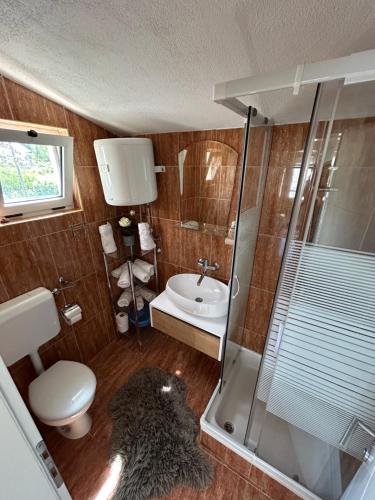 a bathroom with a shower and a toilet and a sink at Apartments Neda in Primošten
