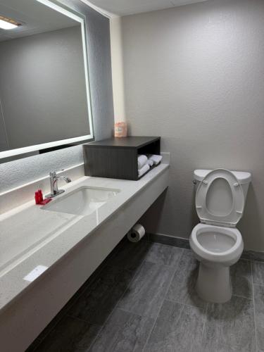 a bathroom with a toilet and a sink and a mirror at SureStay by Best Western Charlotte Matthews in Matthews