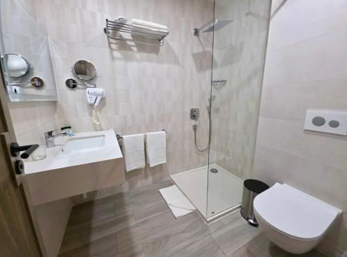 a bathroom with a toilet and a sink and a shower at Le Yot Hotel in 'Aïn Benian