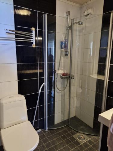 a bathroom with a toilet and a glass shower at Kolmio Kaurialassa in Hämeenlinna
