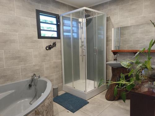 a bathroom with a shower and a tub and a sink at La baie rose in Sainte-Rose