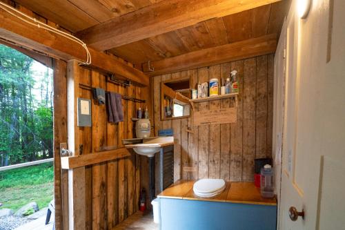 a bathroom with a toilet and a sink at The ShackHilton at Dancing Light Farm in Bridgton