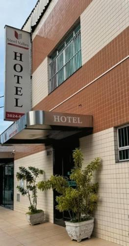 a hotel with two potted trees in front of it at Steel Valley Economic Hotel in Ipatinga