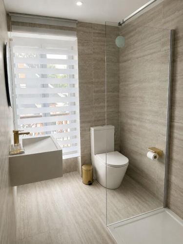 a bathroom with a toilet and a sink and a shower at Hôtel Belle Fontainebleau in Fontainebleau