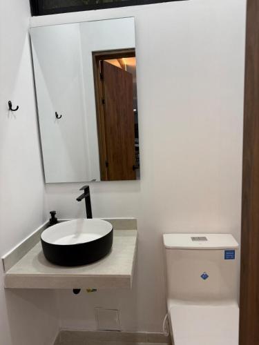 a bathroom with a sink and a mirror and a toilet at Finca Exclusiva en Carmen de Apicalá in Carmen de Apicalá