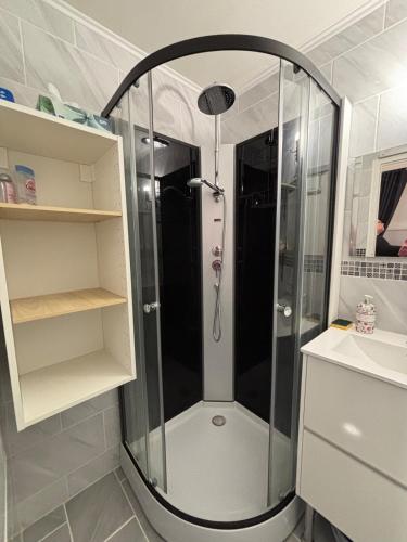 a shower with a glass door in a bathroom at Beau duplex coeur historique et plages in Dives-sur-Mer