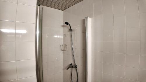 a shower with a shower head in a bathroom at Casa Inês in Fuzeta