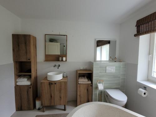 a bathroom with a toilet and a sink at Haus Sonnengarten in Brokstedt