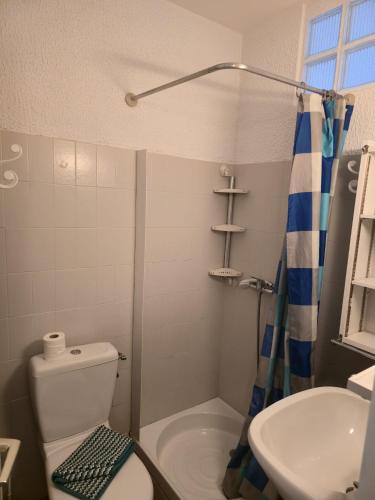 a bathroom with a toilet and a sink and a shower at Chez Anna et Mat in Sérignan