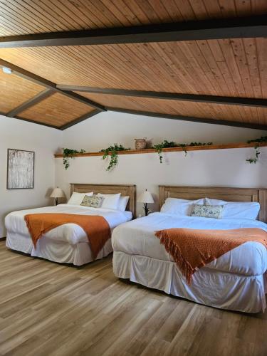 two beds in a room with wooden ceilings and wood floors at For-Rest Inn and Spa in Bathurst