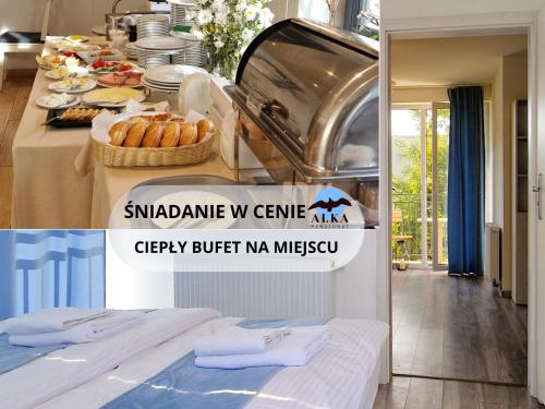 a sign for a bakery with a table with food at Pensjonat Alka in Kołobrzeg