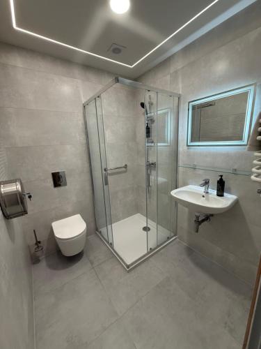 a bathroom with a shower and a toilet and a sink at Motel Comet in Przeźmierowo