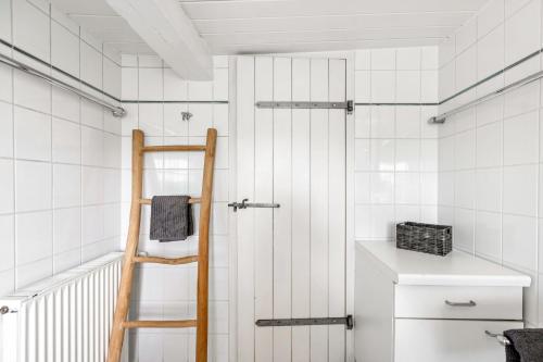 a bathroom with a wooden ladder next to a toilet at Achtern Diek in Schülp