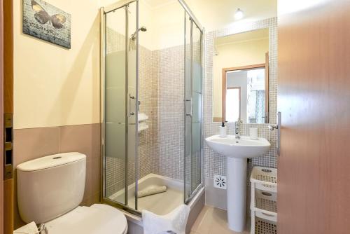 a bathroom with a shower and a toilet and a sink at Olive Tree penthouse in Tavira