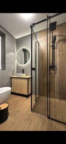 a bathroom with a shower and a toilet and a sink at House on The Hill Bukovel in Palyanytsya