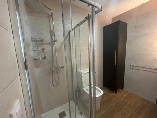a bathroom with a shower with a toilet in it at Atico casa la via in Sanlúcar de Barrameda