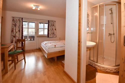 a bedroom with a shower and a bed and a sink at Weitgasserhof in Schladming