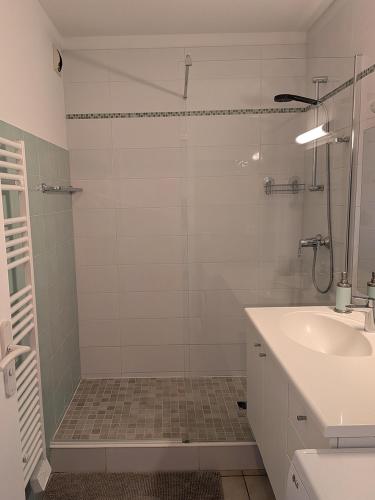 a white bathroom with a shower and a sink at Alta Suarella in Saint-Florent