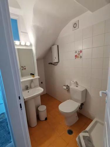 a small bathroom with a toilet and a sink at Flora's House in Livadakia